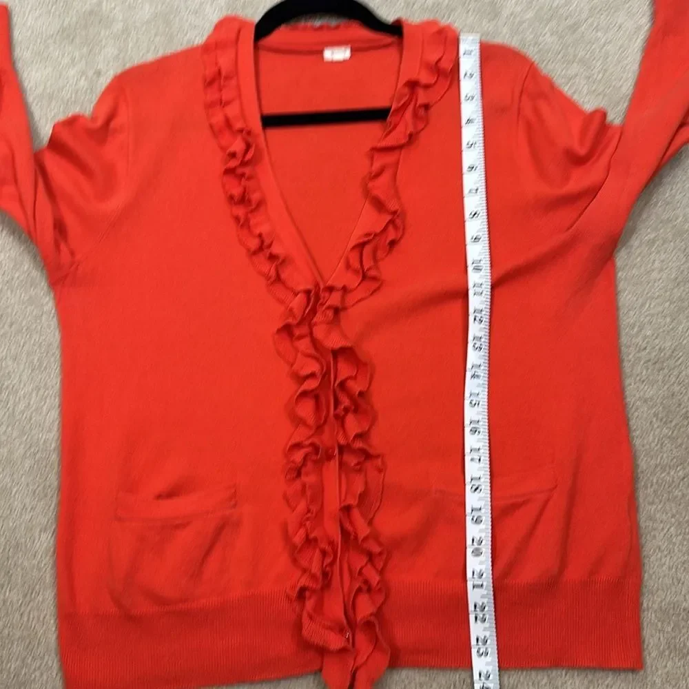 J. Crew Coral Orange Ruffle Button Front Coquette Cardigan Sweater Women Medium